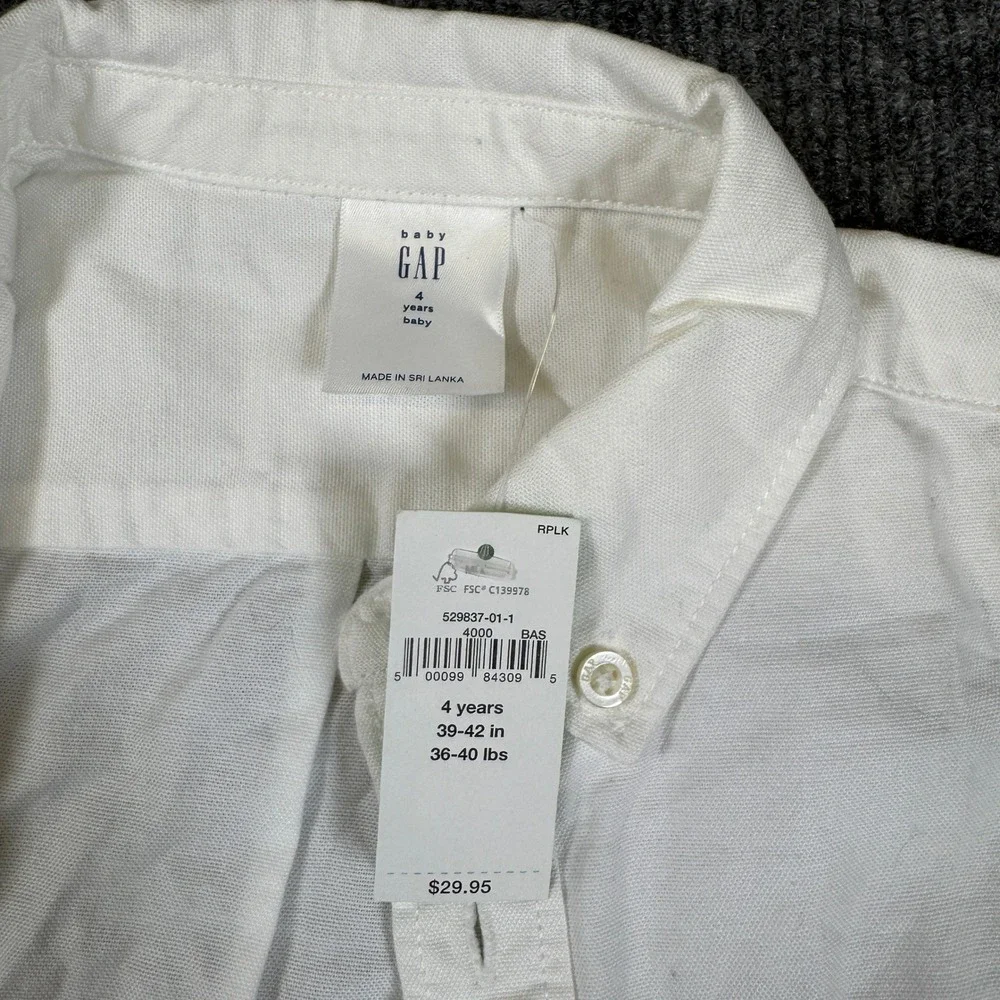 NWT Baby Gap Toddler Boys White Long Sleeve Button Down Shirt Bear Logo 4 Years